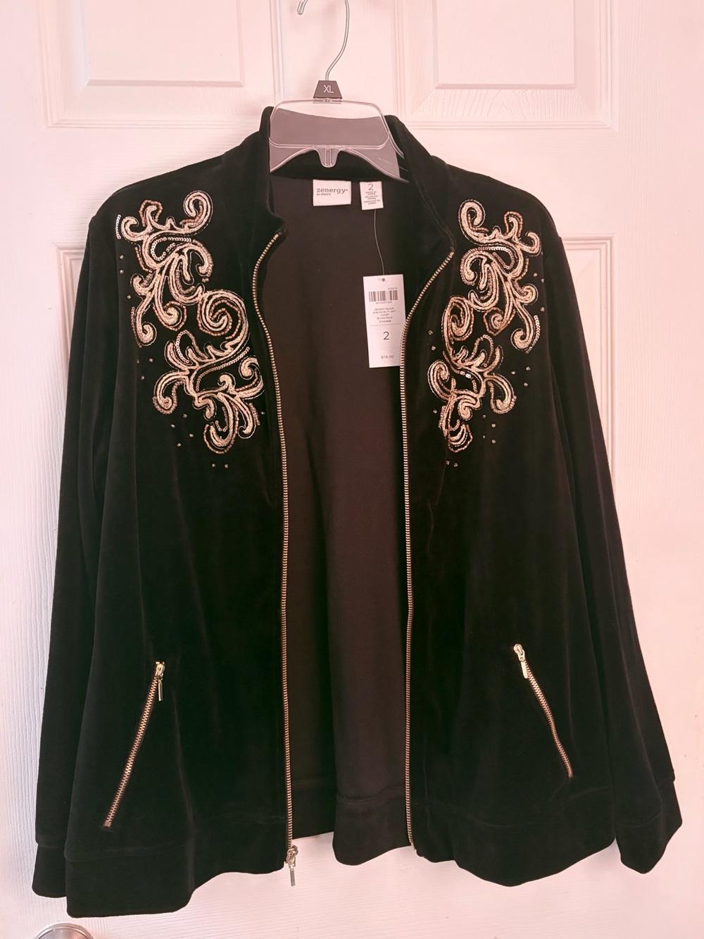 Chico’s Zenergy size 2 1(2/14) Black Velvet Jacket with Gold Embroidery
